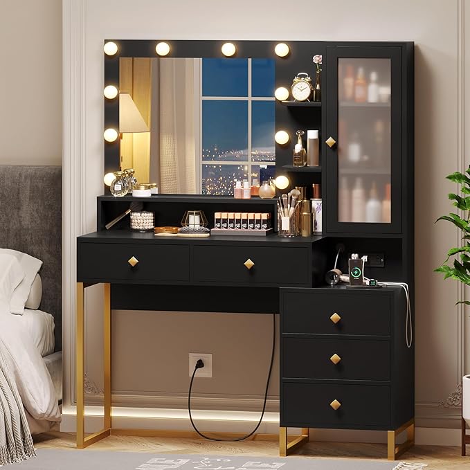 Tiptiper Large Makeup Vanity with Lights, Vanity Table with Charging Station Vanity Desk with Mirror and 10 LED Light Bulbs, Makeup Table with 5 Drawers, Nightstand and Storage Shelves, Black & Gold