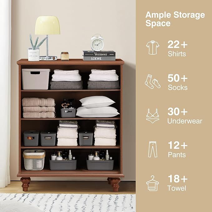 ORRD 8 Drawer Dresser for Bedroom, Mid Century Modern Wide Wood Rustic Chest of Drawers Wooden Storage Organizer Dressers with Burlap Rattan Drawers for Living Room, Hallway Closet, Entryway, Walnut