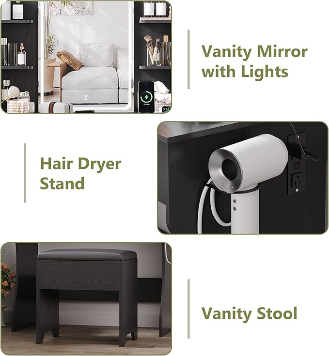 Small Vanity Desk with Mirror and Lights, Makeup Vanity with LED Lights, Black Vanity Mirror with Lighted Desk and Chair, 3 Lighting Adjustable Compact Dressing Table with Mirror for Women, Girls