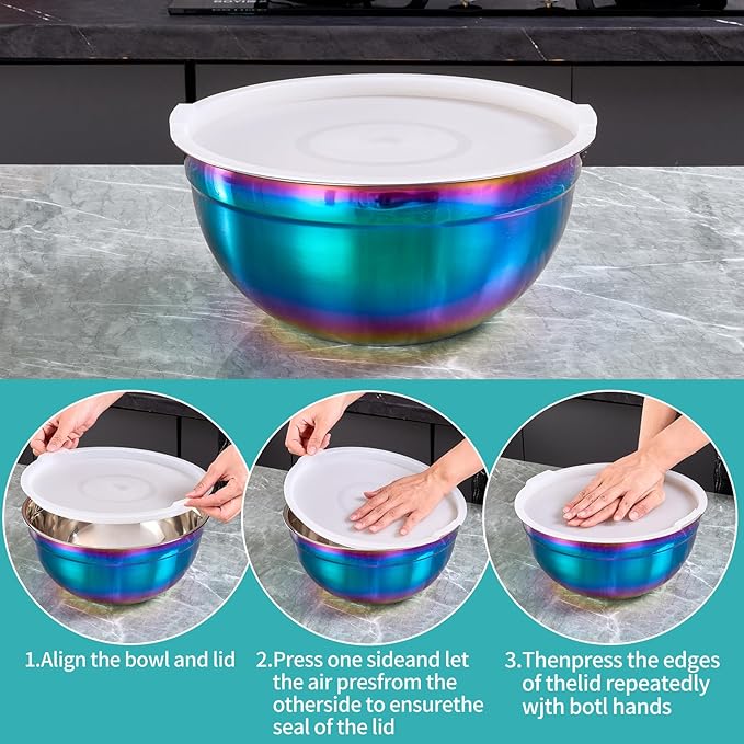 MEADLY Colorful Mixing Salad Bowls With Lids Set of 4, Stainless Steel Nesting Bowl with white Lid,Dishwasher Safe,Home kitchen Mixing Prepping Storing Serving,size of 5.5,3.6,2.1,1.5,Qt