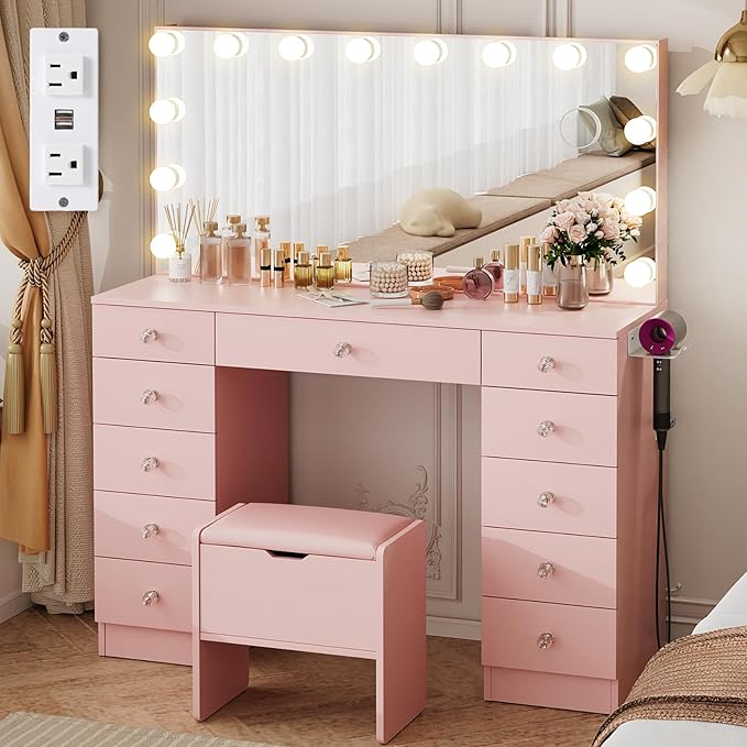 VOWNER Vanity with Lighted Mirror - Makeup Vanity Desk with Lights and 11 Drawers, 3 Color Lighting Modes Adjustable Brightness, 46" Makeup Desk with Soft Cushioned Stool for Bedroom, Pink
