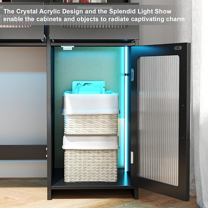 Hadulcet Vanity Desk with Mirror and Lights, LED Vanity with Power Outlet, Makeup Vanity with 2 Drawers, 10 Storage Shelves and Acrylic Door Cabinet for Bedroom Dressing Room, 43" Black