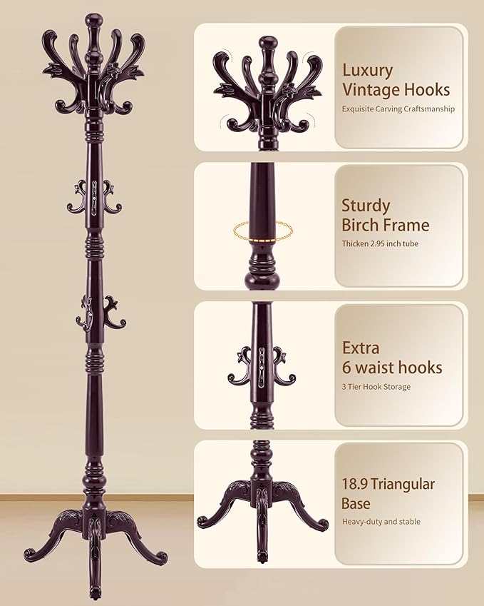 EZIVIEZ Wooden Coat Rack Stand, Solid Wood Freestanding Coat Rack, Vintage Coat Racks with 14 Hooks & Triangle Base, Heavy Duty Standing Coat Hanger Jacket Tree Stand for Office, Entryway, Hallway