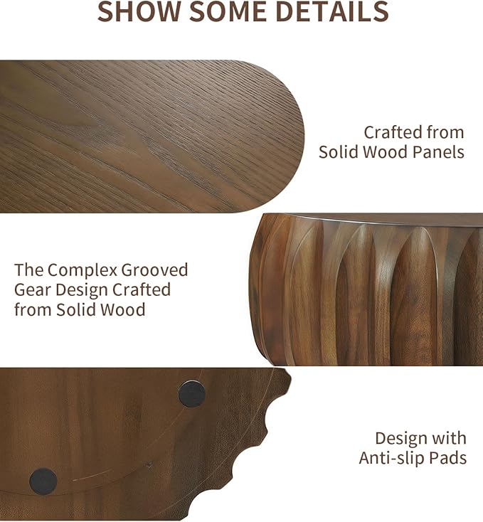 31.5" Drum Coffee Table Modern Unique Fluted Tea Table Contemporary Wood Round Coffee Table with Fluted Centry Table for Living Room Walnut