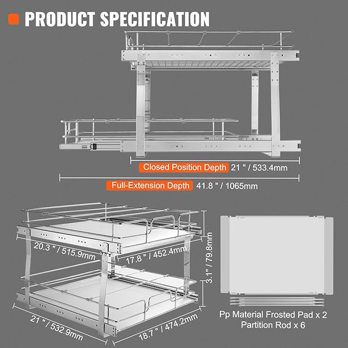 VEVOR 20"Wx21"D Pull Out Cabinet Organizer, 20"Wx21"D 2 Tier Heavy Duty Slide Out Pantry Shelves, Chrome-Plated Steel Roll Out Drawers, Sliding Drawer Storage, 21.5"Wx22"D Install Size for Cabinet
