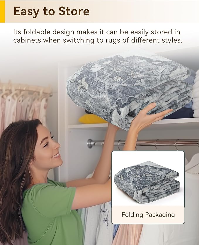 Area Rugs 5ft Washable Non-Slip, Floral Vintage Distress Print Pattern Medallion Carpet for Living Room Bedroom Dining Room, Light Gray Grey White