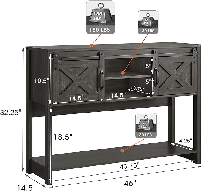 RoyalCraft Console Table with Storage Shelf & Sliding Barn Door, Farmhouse Entryway Table with Storage, 46" Narrow Long Sofa Table, Behind Couch Table, Console Tables for Living Room, Entryway, Foyer