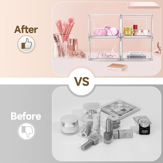 Damomo 4 Pack Stackable Organizer Drawers, 4.4" Tall Clear Bathroom Makeup Organizer and Storage, Acrylic Small Organizers Bins for Vanity, Undersink, Bathroom, Pantry, Kitchen Cabinets