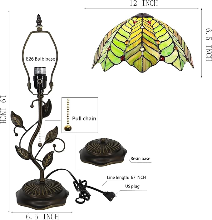 Tiffany Table Lamp, Stained Glass Desk Light, W12H19 Inch, Metal Leaf Base (Brown Green Leaf)