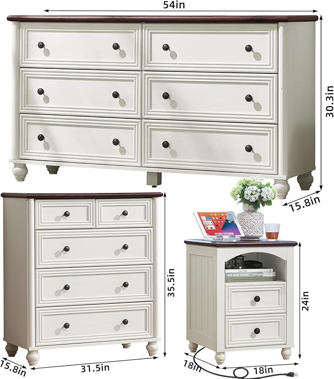 Farmhouse Dressers & Night Stand Set of 3, Wood 54" Wide 6 Drawer Dresser & 35.5"Tall Chest of Drawers, 18" with Charging Station Nightstand, Bedroom Furniture Dresser Set for Home Living Room Hallway