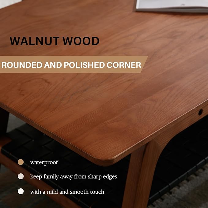 Solid Wood Coffee Table for Living Room, 47” Mid Century Modern 2-Tier Storage Coffee Table Rectangular Coffee Tables with Faux Leather Shelf Storage for Office Apartment, Walnut