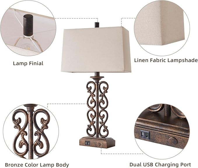 25" Farmhouse Touch Table Lamps for Living Room, 3 Way Dimmable Dual USB Ports, Vintage Rustic Bedside Table Lamp for Bedroom Bedside End Table, LED Bulbs Included