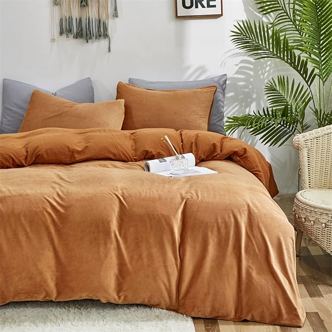 Luxlovery Pumpkin Velvet Comforter Queen Rust Plush Fluffy Bedding Comforter Set Terracotta Warm Sherpa Micromink Winter Blanket Quilts Reddish Brown Burnt Orange 3 Piece Bedding Set