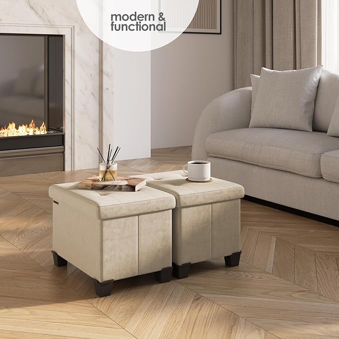 STORAGEBUD Storage Ottoman Cube with Small Bin, 16-in Square Ottoman with Storage for Living Room and Bedroom, Small Ottomans Foot Rest, Velvet Foot Stools Ottomans Max 330lbs, Beige