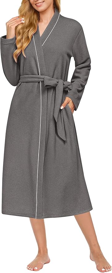 Ekouaer Robes for Women Long Sleeves Bathrobe V Neck Cozy Housecoat Lightweight Fleece Robe with Pockets S-XXL