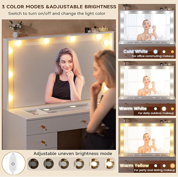 43.3" Vanity with Large Mirror and 10 LED Lights, Vanity Desk with Glasstop, 11 Drawers with Crystal Handles, Dressing Table with Power Outlet as Gift for Women, Girls (White)