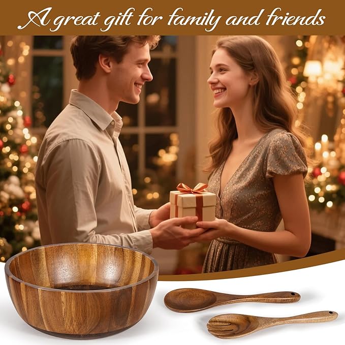 Wooden Salad Bowl Set 11.8 Inch – Acacia Large Wood Salad Bowl with Wooden Serving Utensils, Big Salad Bowls for Fruits, Food Serving & Hosting Family Gatherings