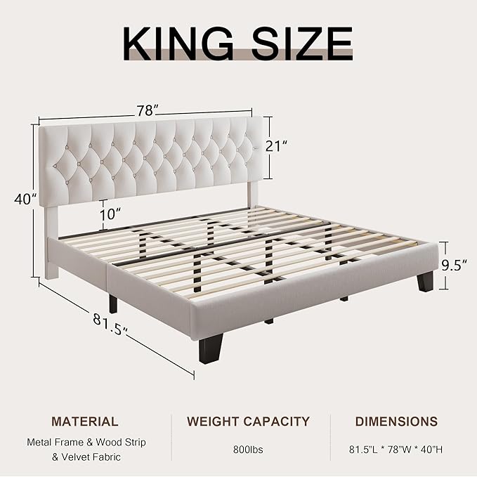 King Upholstered Bed Frame with Headboard, Button Tufted Linen Bed Base, Platform Bed with Wood Slat, Heavy Duty, Easy Assembly, No Box Spring Needed, White