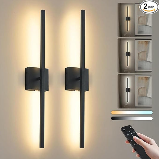 Wireless Battery Operated Wall Sconces Set of Two, Dimmable Modern Wall Sconce with Remote Control, 360°Rotation & Timer & Memory, Black Led Rechargeable Wall Lights for Living Room, 28.3 Inch