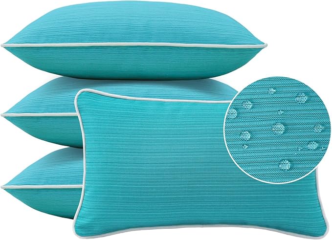 Decorative Outdoor Water Repellent Throw Pillows with Inserts, Set of 4, 20" x12" Pillows for Patio, Backyard, Bed, Couch, and Patio Furniture, Turquoise