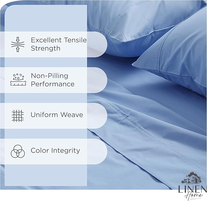 Linen Home 100% Cotton Percale Sheets Twin Size, Baby Blue, Deep Pocket, 3 Pieces Set - 1 Flat, 1 Deep Pocket Fitted Sheet and 1 Pillowcase, Crisp Cool and Strong Bed Linen