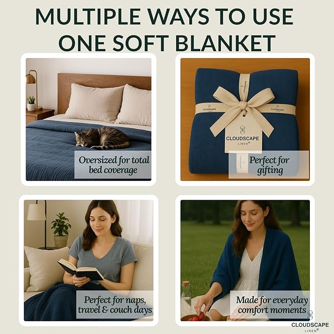 Soft 4 Layer Muslin Blanket Twin Size, 100% Cotton Blanket for Couch, Bed, Sofa, Pre-Washed Gauze, Best for Summer, 68x92, Ensign Blue