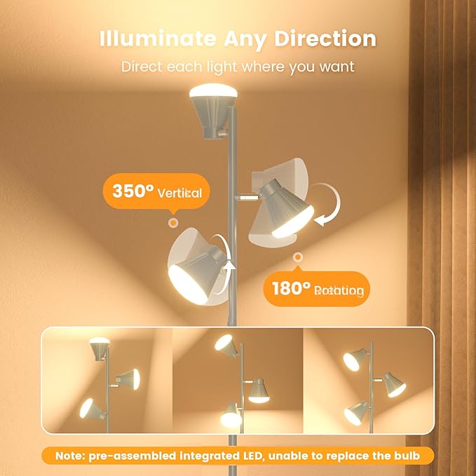 36W LED Tree Floor Lamp, Dimmable Tall Standing Lamp with Remote & Touch Control, 4 Color Temperatures Bright Floor Lamp, 3 Rotatable Light Modern Floor Lamps (Silver Gray)