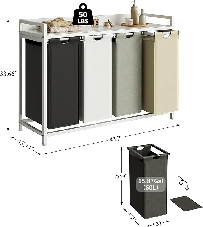 Laundry Hamper with Shelf, Laundry Basket 4 Section, Laundry Sorter with Pull-Out Removable Large 4 Color Bags and Movable Wheels, Metal Frame, 4 x 15.87 Gallons (60L), White PF07XLE