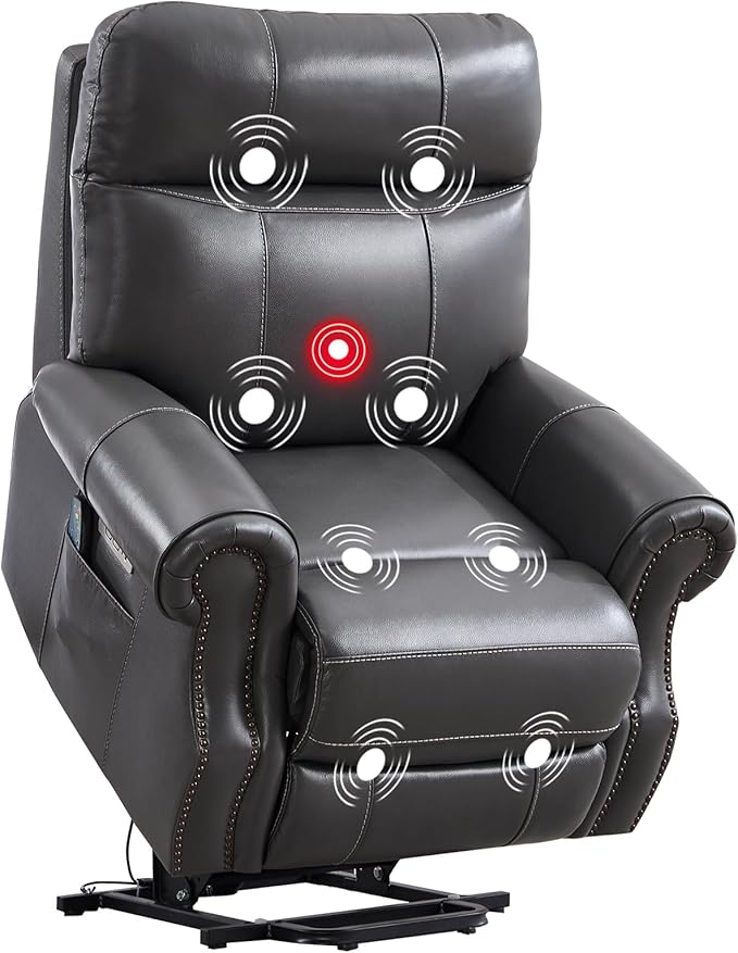 Phoenix Home Genuine Leather Power Lift Recliner Chair for Elderly with Massage and Heating, Electric Recliner for Seniors with Extended Footrest, Type-C and USB Port, Side Pocket, Grey