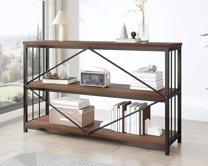 IBF 3-tier Industrial Bookshelf, Wood and Metal Horizontal Shelves Rustic Low Wide Bookcase with Large Open Storage, Farmhouse Simple Display Shelf for Home Office Living Room Kitchen, Walnut, 47 Inch