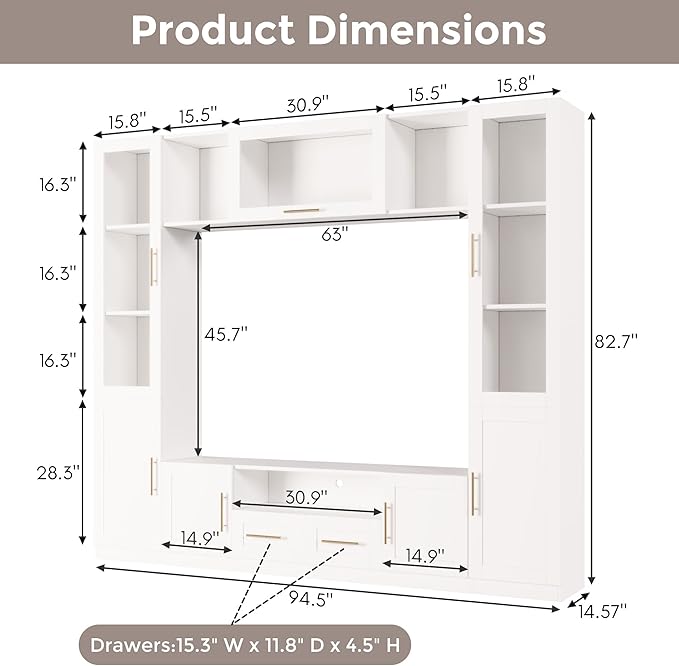 94" Wall Unit Entertainment Center for TVs up to 70", Modern TV Console with LED Lights, Multifunctional TV Stand with Tempered Glass Door, Drawers & Shelves for Living Room, White