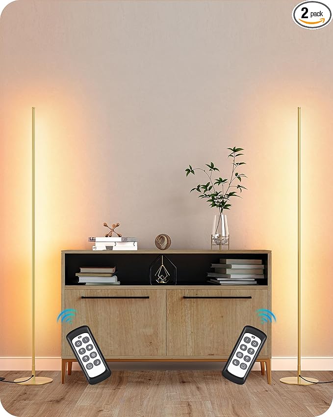 EDISHINE LED Corner Floor Lamp, Set of 2 Minimalist Dimmable Light with Remote, 57.5" Tall Standing Lamp for Living Room, Bedroom, Home Office, 7 Color Temperature 2700-6000K (Gold)