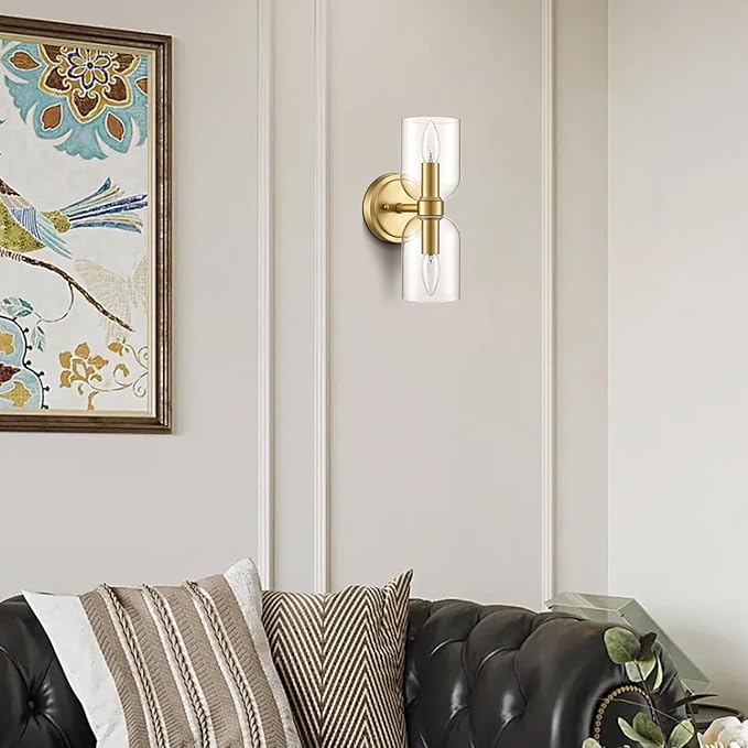 CLAXY Gold Wall Sonce Dimmable E12 Based Wall Lamp for Bathroom with Clear Shades-Vertical and Horizontal Installation