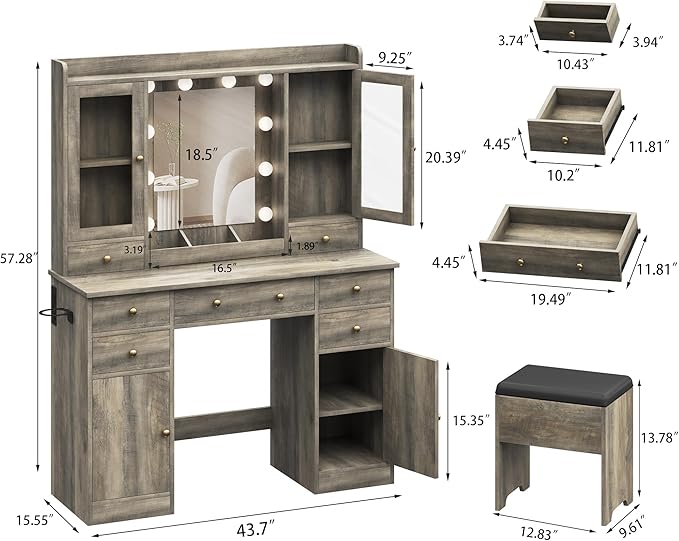Vanity Desk with Mirror and Lights, Grey Vanity Mirror with Lights Desk and Chair & Charging Station, Farmhouse Makeup Vanity Desk with Lighted Mirror for Women Bedroom 3 Color Modes Adjustable