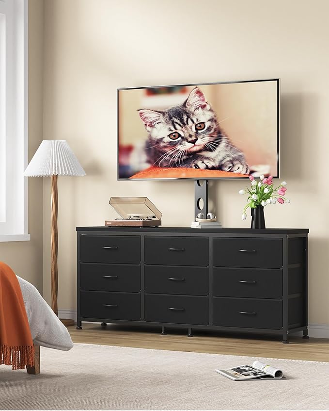 TV Stand with Mount for 32/55/65/75/85 inch TVs, Entertainment Center with 9 Fabric Drawers Dresser Storage, Height Adjustable Media Console