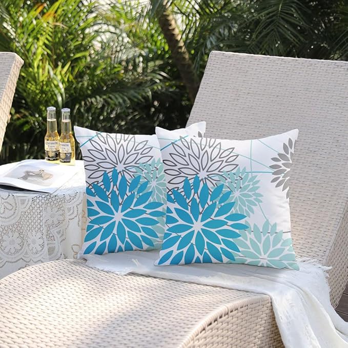 DFXSZ Outdoor Waterproof Summer Pillow Covers 20x20 Set of 2 Blue Floral Decorative Pillowcase for Patio Furniture 01S20