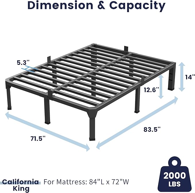 California King Bed Frame with Mattress Slide Stopper, 14 Inch Metal Platform Bed Frame, Heavy Duty Tall Bed Frame No Box Spring Needed with Large Storage Space, Easy Assembly, Noise Free