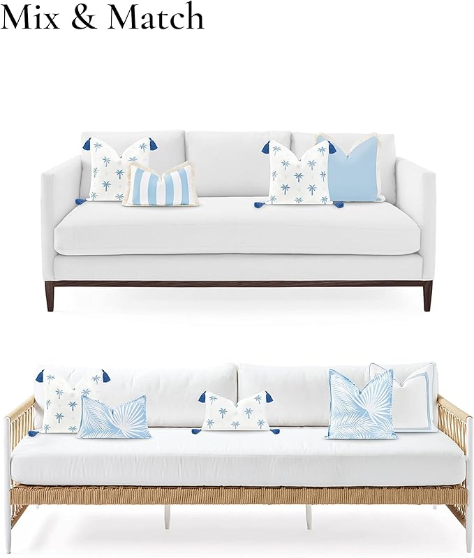 Hofdeco Premium Coastal Hampton Style Patio Indoor Outdoor Pillow Cover Only, 20"x20" Water Resistant for Backyard, Couch, Baby Blue Embroidered Palm Tree Tassel