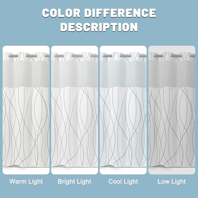 No Hook Grey White Striped Long Shower Curtain with Snap in Liner Set - Hotel Shower Curtain and Liner Set with See Through Mesh Top Window,Machine Washable, 71x86 INCH