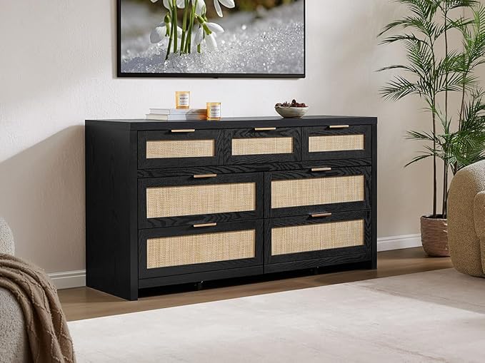 SICOTAS 7 Drawer Dresser for Bedroom, 57" Wide Rattan Dressers, Large Chest of Drawers for Bedroom, Dresser TV Stand, Boho Closet Organizer (Black Oak, 7 Drawers (1 pc))