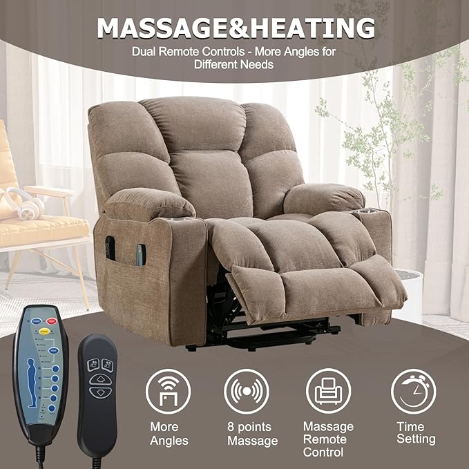 CANMOV Oversized Power Lift Recliner Chair for Elderly, Dual Motor Electric Heavy Duty Lift Recliner with Massage, Heating, with USB Port,Cup Holders and Pockets, Brown