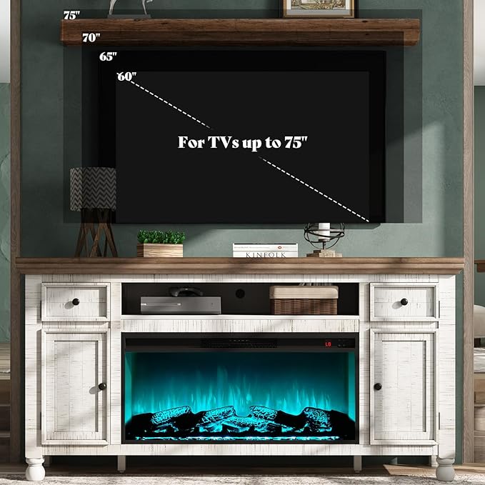 AMERLIFE 70” Fireplace TV Stand for TVs up to 75”, Solid Wood Entertainment Center with 36”Electric Fireplace Insert, Farmhouse Media Console with Storage, Distressed White