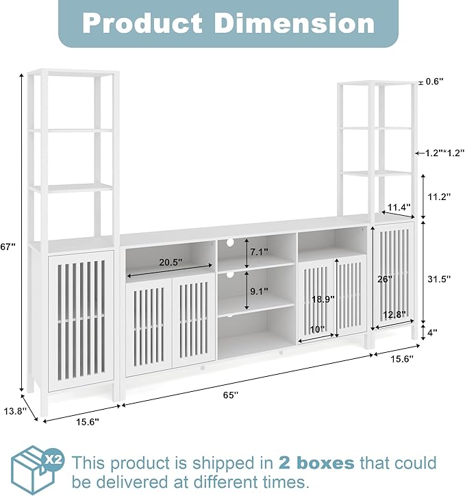 Entertainment Center with Bookshelves, Farmhouse TV Stand for 70 Inch TVs, TV Stands for Living Room w/Adjustable Shelves & Storage Cabinet, Modern Console Cabinet for Bedroom Home Theater