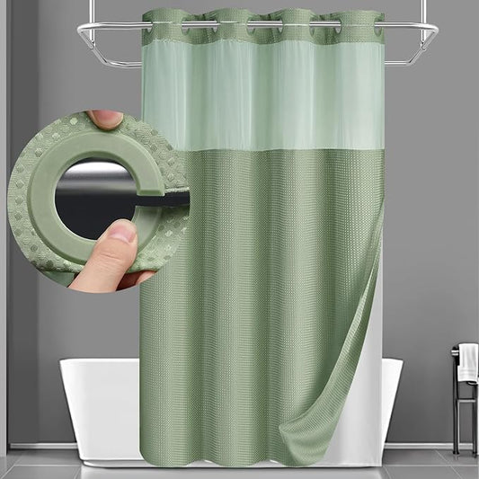 YellyHommy Stall No Hook Shower Curtain with Snap in Liner Set Less Time Green Waffle Shower Curtain for Bathroom 75" L x 60" W