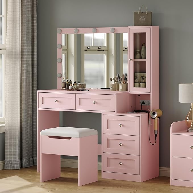 43" W Vanity Desk with Mirror & 11 Lights,Modern Makeup Desk with 5 Drawers & Cushioned Stool,3 Lighting Modes Brightness Adjustable,Power Outlet,Bedroom Dressing Table, Pink
