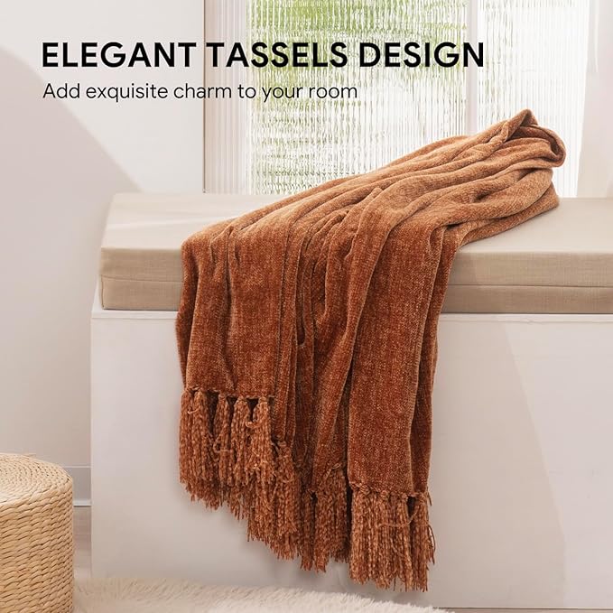 RECYCO Throw Blanket Soft Cozy Chenille Throw Blanket with Fringe Tassel for Couch Sofa Chair Bed Living Room Gift (Rust, 50" x 60")