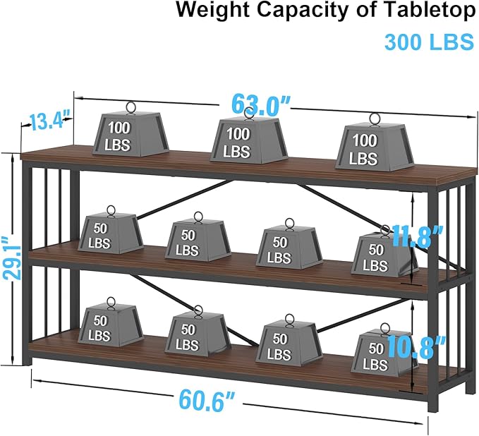 IBF Walnut Low Wide Bookcase, Vintage 63 Inch Long 3 Tier Open Book Shelf, Farmhouse Big Wood Metal Sturdy Bookshelf Display Case, Simple Large Etagere Bookshelves for Home Living Room Office Bedroom