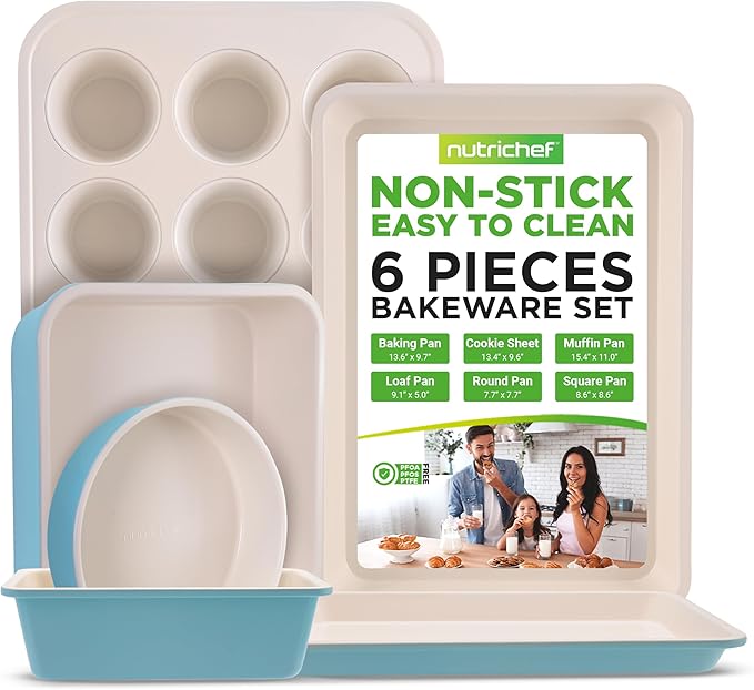 NutriChef 6-Piece Baking Pan Set, Carbon Steel Bakeware with Premium Ceramic Nonstick Coating, Includes 12-Cup Muffin Pan, Cake & Loaf Pan, Wide Bake Pan, & Cookie Sheet - Turquoise