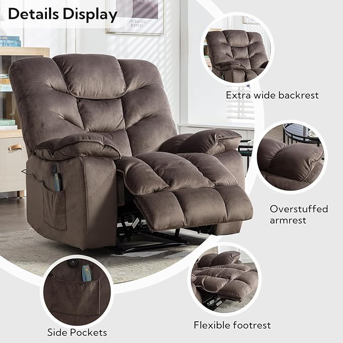 Oversized Power Recliner Chair with Massage and Heat, 41" Wide Electric Reclining Chairs with USB Port, Breathable Fabric Overstuffed Reclining Sofa for Living Room Bedroom (No Lift)