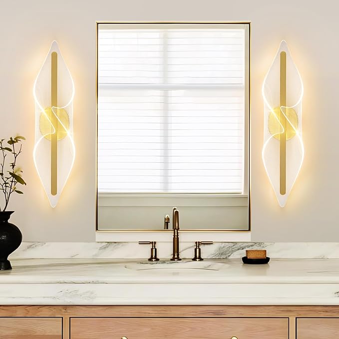 Modern Gold Wall Sconce 17.3Inch, Hardwired LED Wall Lamp with Remote Control Dimmable Acrylic Wall Lights for Living Room Hallway Bedroom Stairs